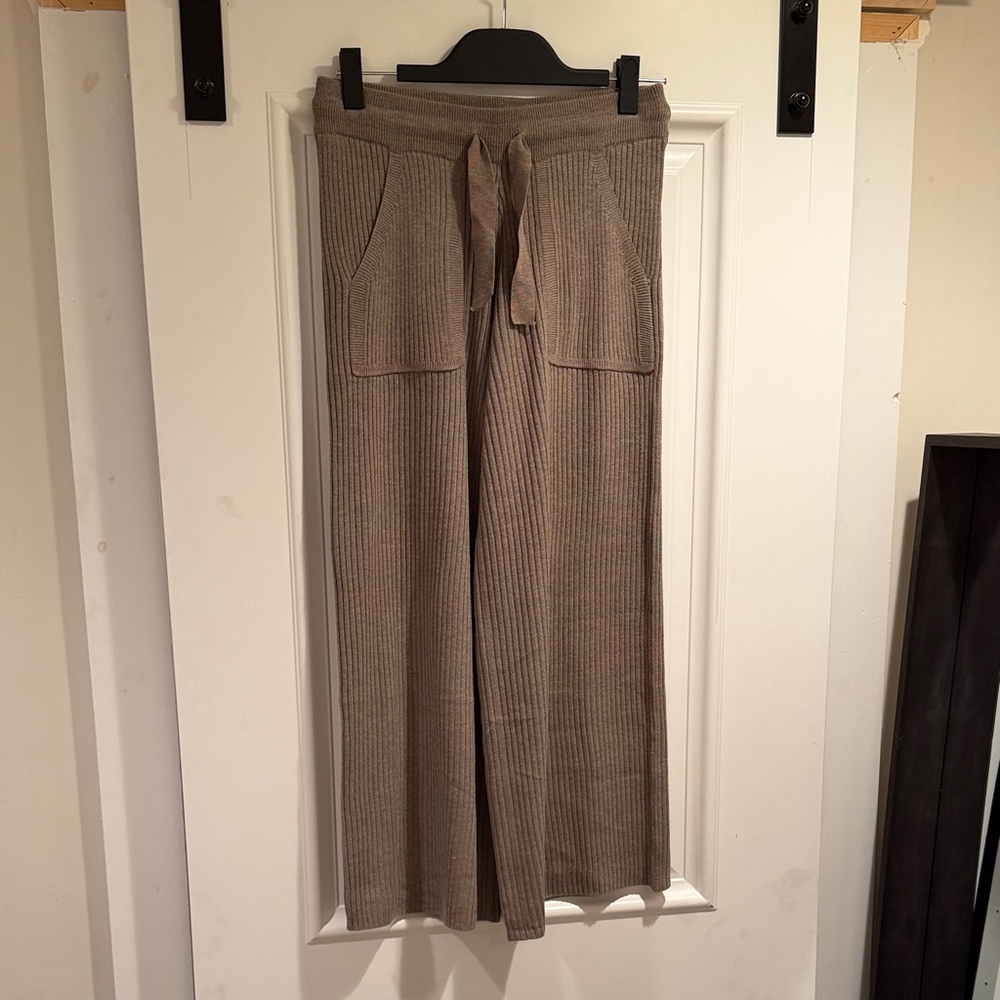 Splendid Ribbed Knit Drawstring Wide-Leg Pants - Brown/ Taupe